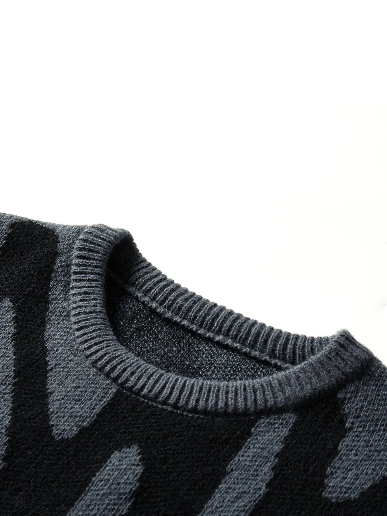 Men’s Knitted Jacquard Sweater – Casual Contrast Pullover